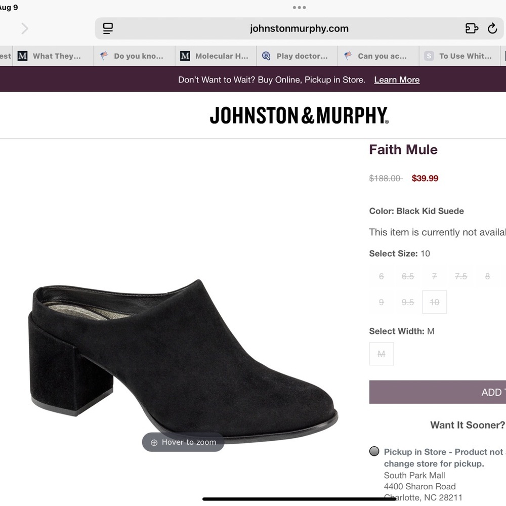 Johnston & Murphy Women's Faith Suede Mules Size 7